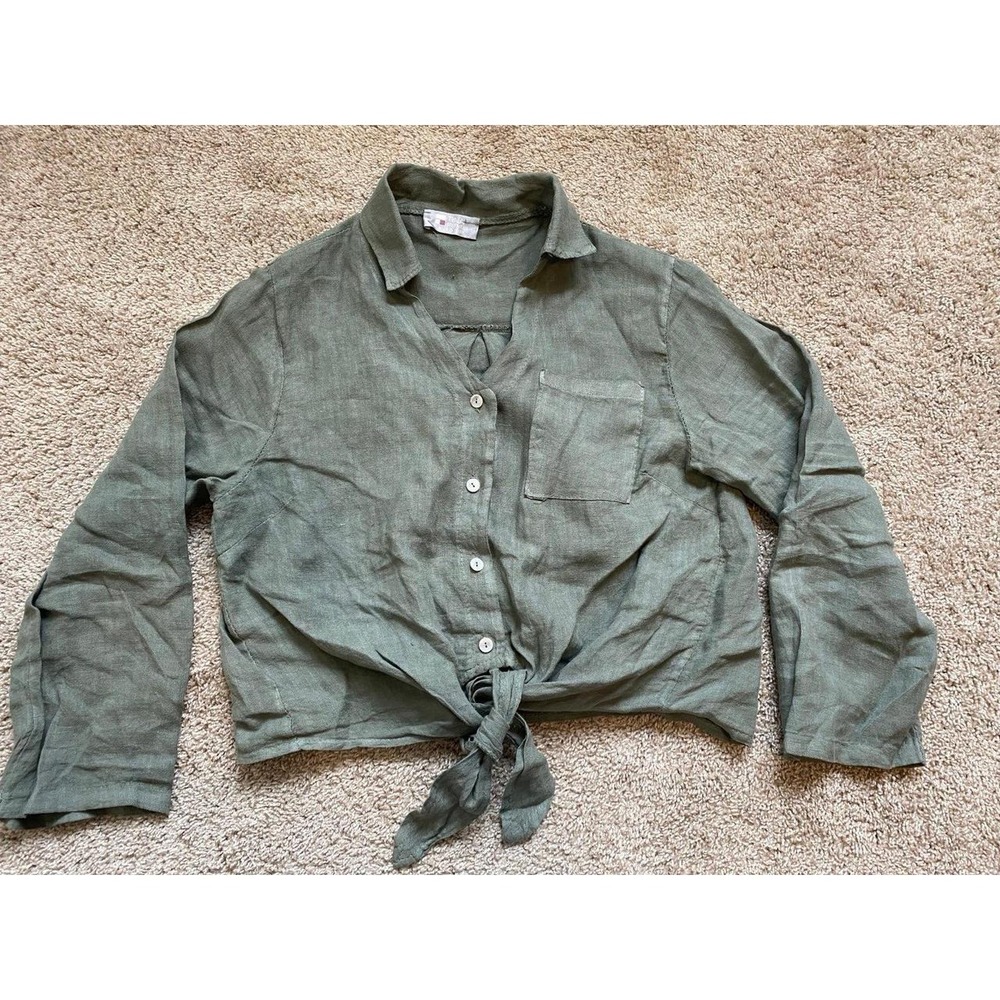 Tina Stephens Shirt Linen Italy Blouse Medium Button Up Tie Olive Green sku5